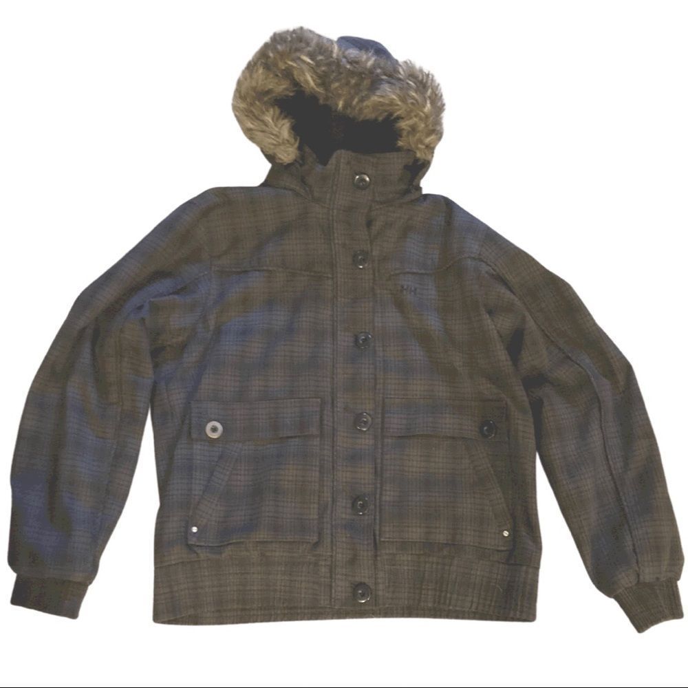 Helly Hansen Brown Plaid Hooded Puffer Jacket with Faux Fur Trim